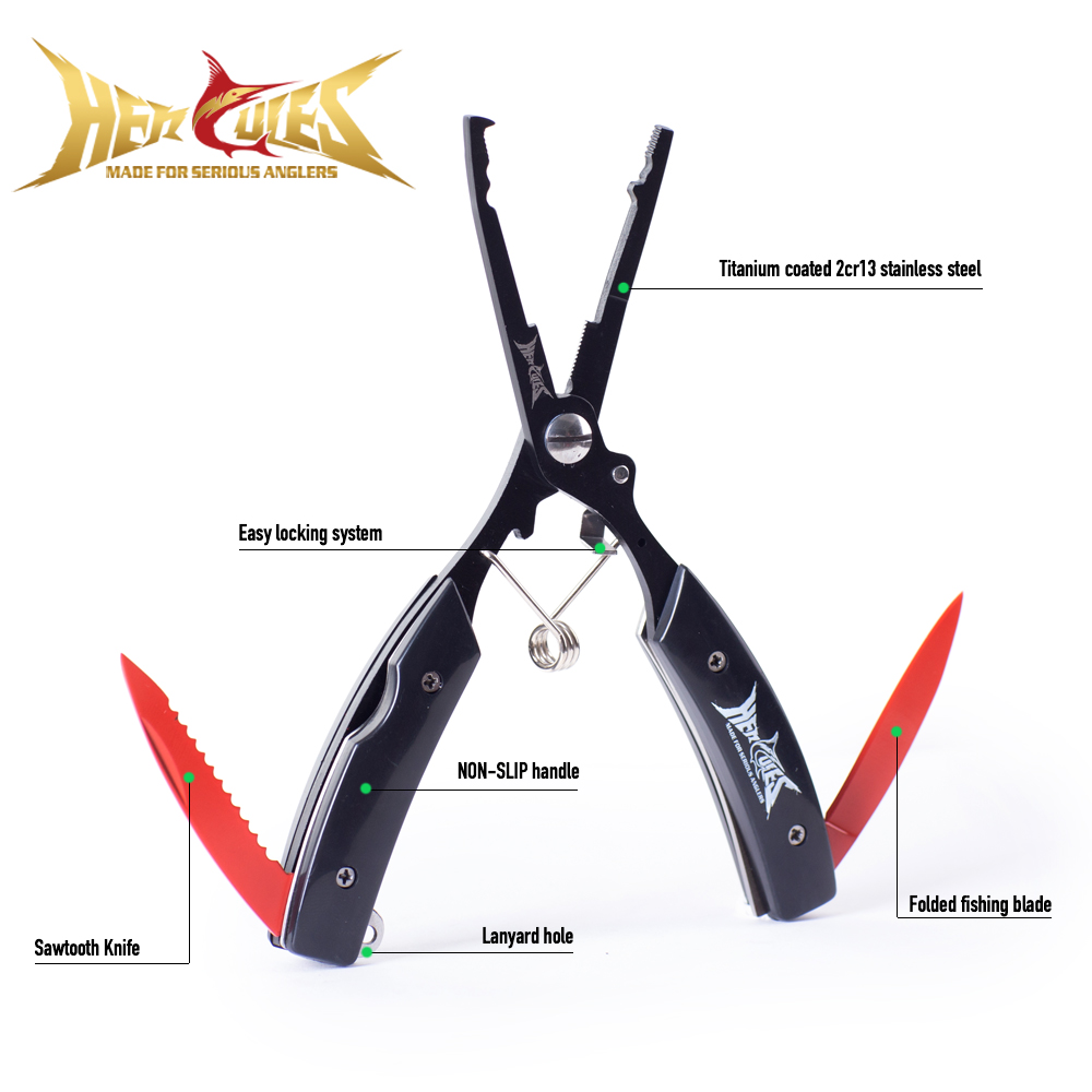 Fishing Hook Remover - คีมตกปลา HERCULES พร้อมปลอกและสายคล้อง พร้อมที่ถอดตะขอและที่ตัดสาย พร้อมเครื่องมืออเนกประสงค์แบบพับได้ (6.5