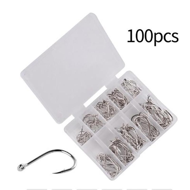Fishing Hook Box - 【F】100 ชิ้น/กล่อง ตะขอเบ็ดตกปลา ทำจากเหล็กกล้าคาร์บอน แบบวงกลมเดี่ยว อุปกรณ์ตกปลา